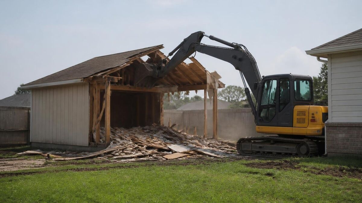A small excavator pulling down a detached wood-frame garage behind a suburban house with a wood privacy fence