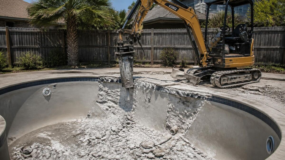 A mini excavator with a hydraulic hammer breaking out the shell of a backyard gunite pool